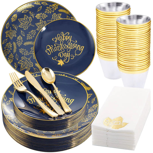 Blue & Gold Thanksgiving Dinnerware Set – Elegant, Durable, and Hassle-Free