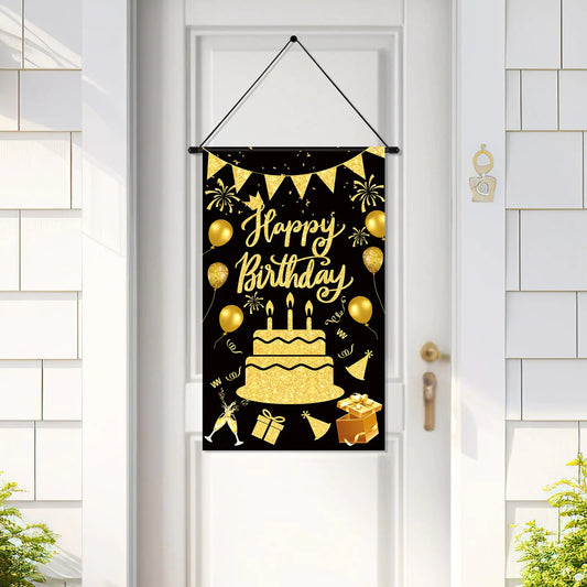 Colorful Happy Birthday Banner – Black & Gold Lettered Party Decoration