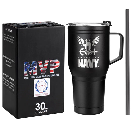 30oz US Navy Insulated Tumbler with Handle – Double-Wall Vacuum Sealed for Hot & Cold Drinks