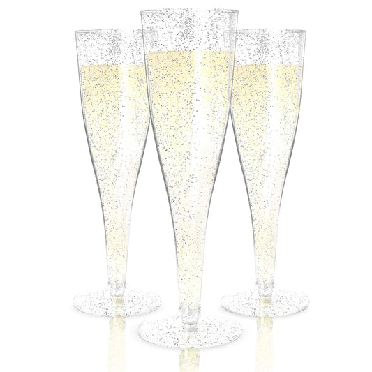 Elegant Glitter Champagne Flutes – 24 Pack Disposable Plastic Drinkware