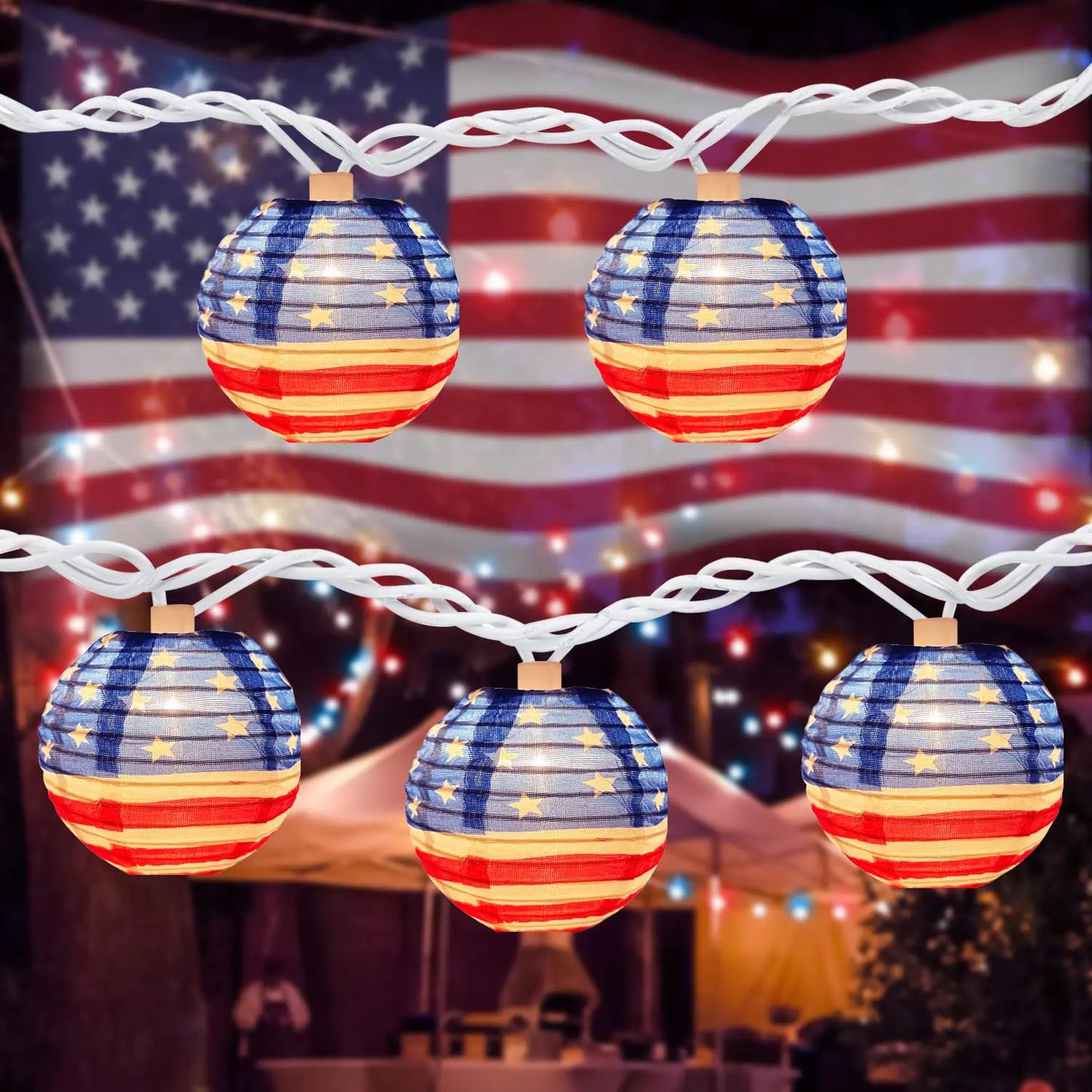 Patriotic Lantern String Lights – Red, White & Blue Flag Lanterns