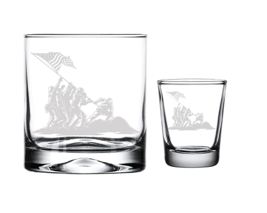 USMC Iwo Jima Engraved Whiskey Glass & Shot Glass Set – Premium Veteran Gift