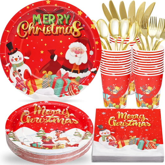 Christmas Party Paper Plates & Napkins Set – Serves 25 Guests