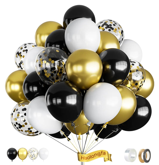 Black and Gold Balloon Set – Elegant 60-Piece Party Balloon Kit for New Year's Eve