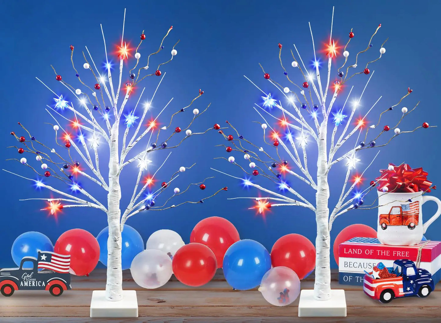 4th of July Lighted Birch Tabletop Trees – Set of 2