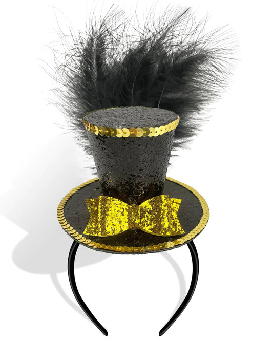 Black Mini Sequin Top Hat Headband – Elegant Costume Fascinator for Parties, Halloween, and Themed Events