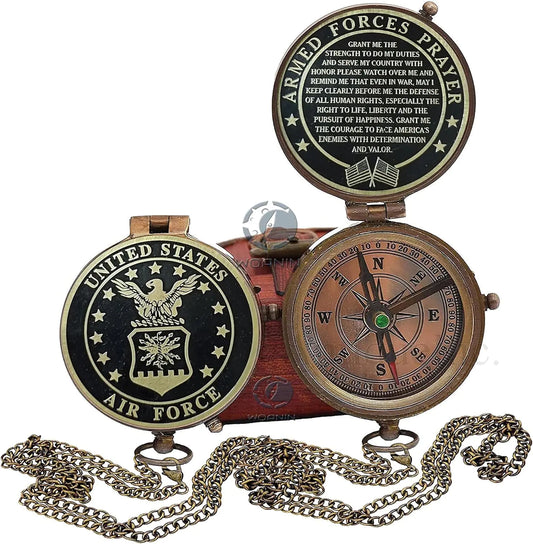 United States Air Force Brass Compass – Antique Style with Leather Case & Chain