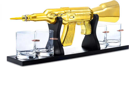 AK Gold Whiskey Decanter Set With 4 Bullet Whiskey Glasses