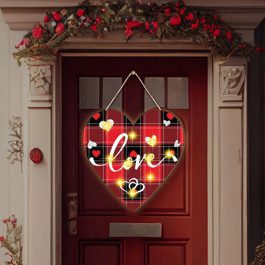 Lighted Heart-Shaped Valentine Door Hanger – 12" Romantic Wooden Decor