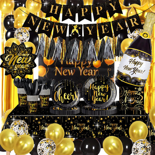 Complete New Year’s Eve Party Set – Black & Gold Celebration Kit for 25 Guests