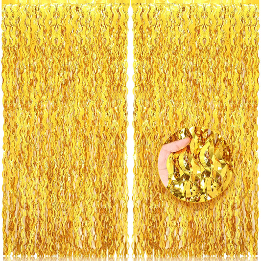 Gold Tinsel Foil Fringe Curtains – 2-Pack Photo Backdrop (3.2 x 6.5 ft Each)