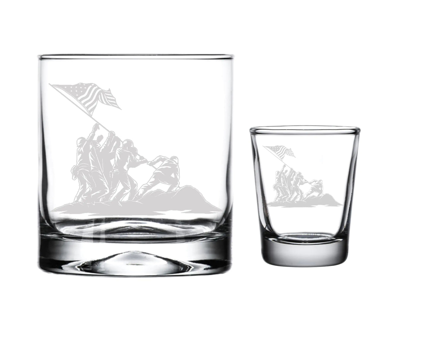 USMC Iwo Jima Engraved Whiskey Glass & Shot Glass Set – Premium Veteran Gift