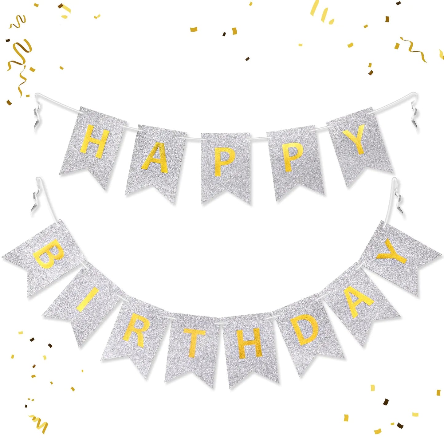 Gold Happy Birthday Banner – 13-Flag Cardstock Garland