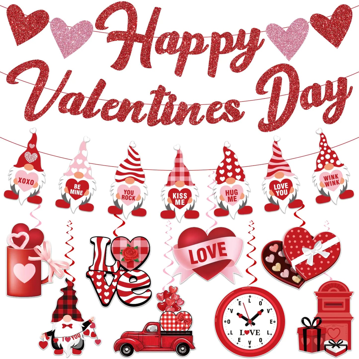 Valentine’s Day Party Decorations Set – Banner, Garland & Hanging Swirls