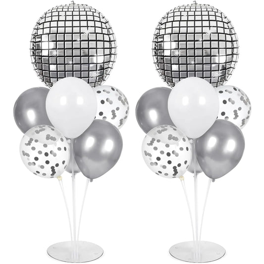 Silver Disco Ball Party Balloons Stand Kit 2 Sets with 2 Metallic Disco Ball Foil Balloons Disco Themed Centerpiece for Tables 70s Disco Dance Birthday Decorations New Years Eve Party Supplies 2025