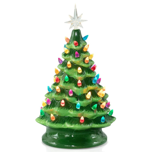 13 Inch Ceramic Christmas Tree Pre-lit Tabletop Christmas Tree with Multicolored LED Lights and Star Topper Battery Operated Vintage Lighted Ceramic Tree for Home Office Table Holiday Decorations
