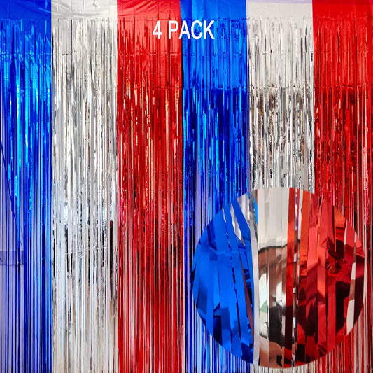 Red, Silver & Blue Foil Fringe Backdrop Curtains – 4 Pack