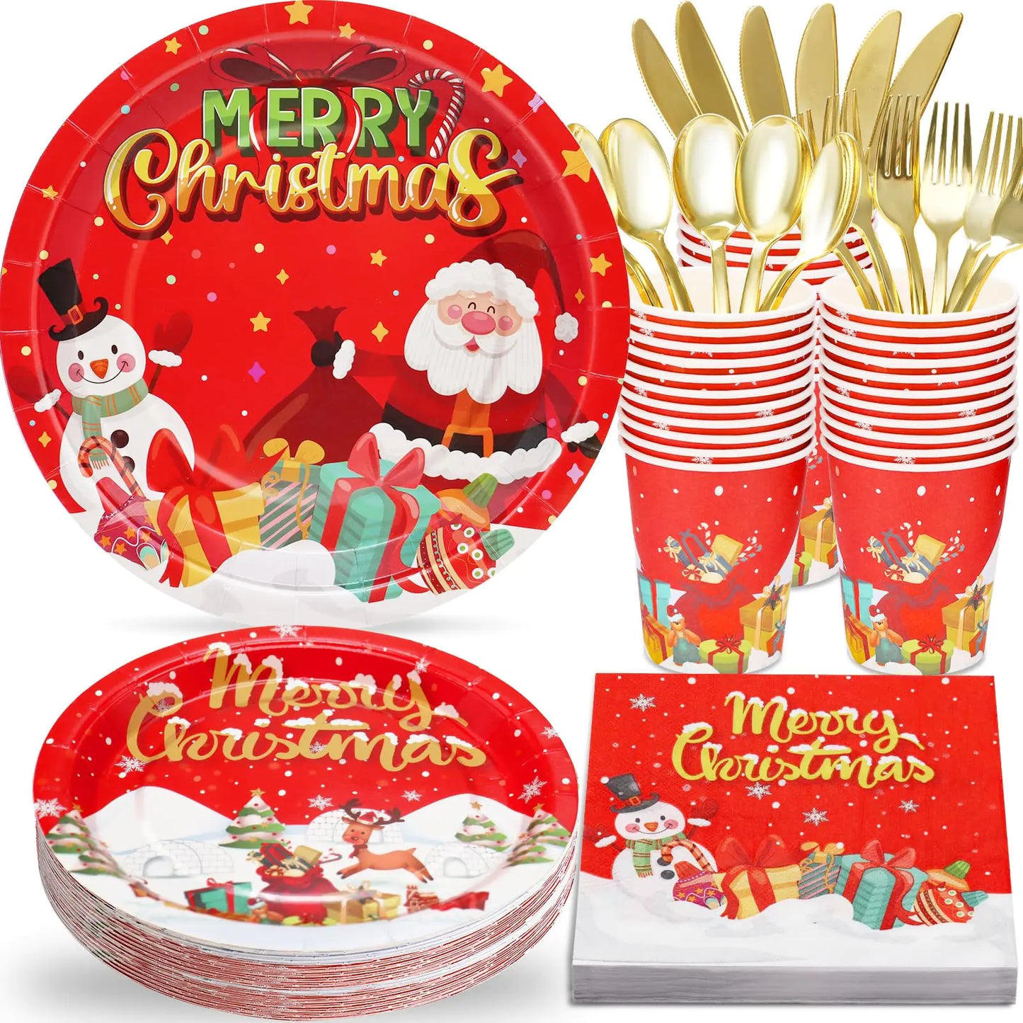 Christmas Party Paper Plates & Napkins Set – Serves 25 Guests