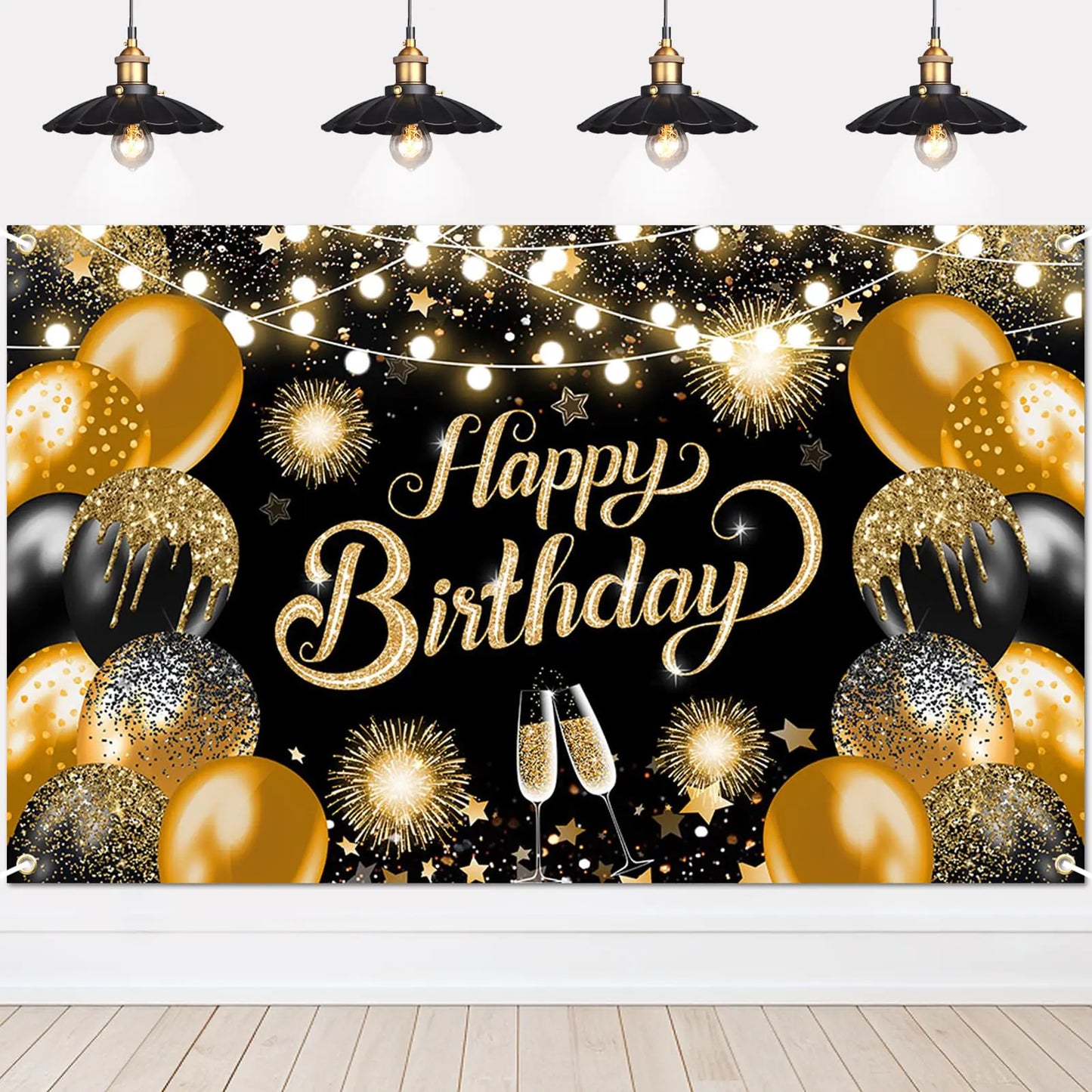 Black  & Gold Happy Birthday Backdrop