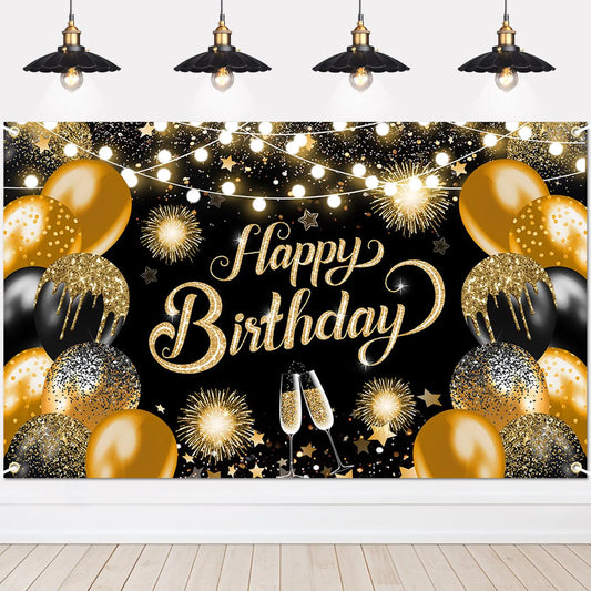 Black  & Gold Happy Birthday Backdrop
